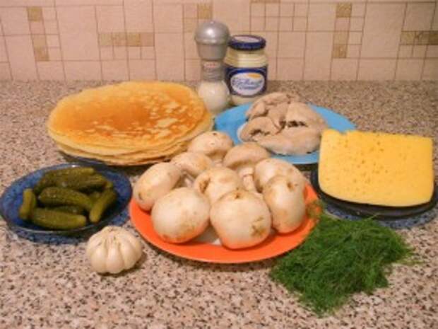 Блины, фаршированные куриным филе, грибами и сыром. Ингредиенты