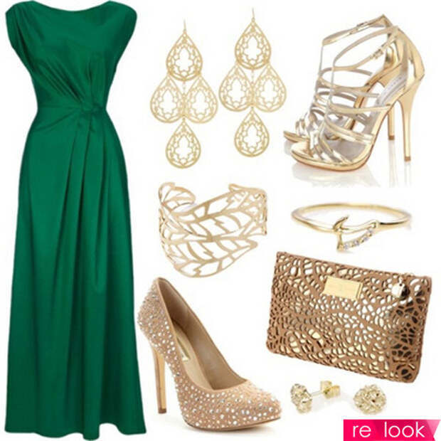 Зеленое платье с золотыми туфлями