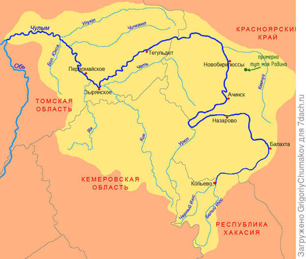 Карта бассейна реки Чулым из Википедии