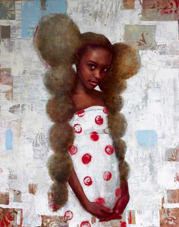 "Young Girl in Polka Dots". oil and spray paint on panel, 85 x 70 cm, 2021 Young Girl in Polka Dots. oil and spray paint on panel, 85 x 70 cm, 2021
