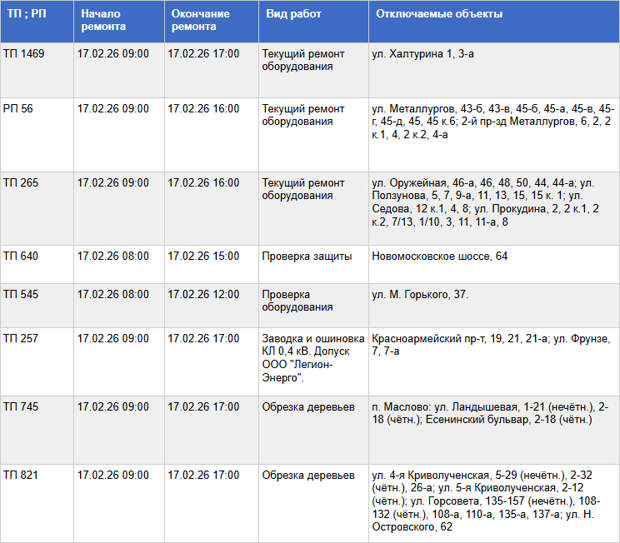 Стало известно, по каким адресам в Туле не будет электричества 17 февраля