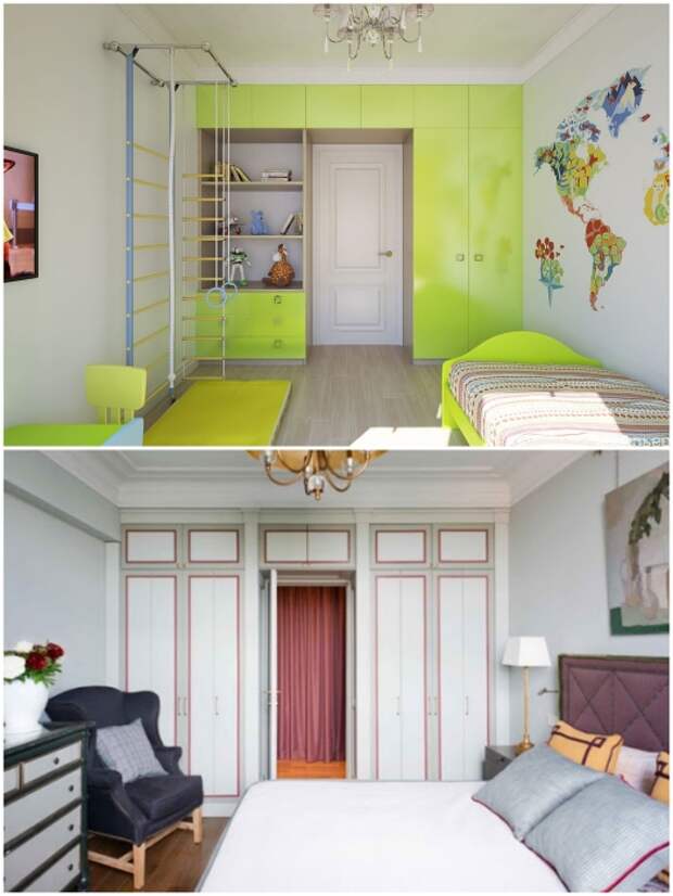 Шкафы вокруг двери могут стать и дополнительным украшением спальни или детской. | Фото: infomebli.ru/ pinterest.com.