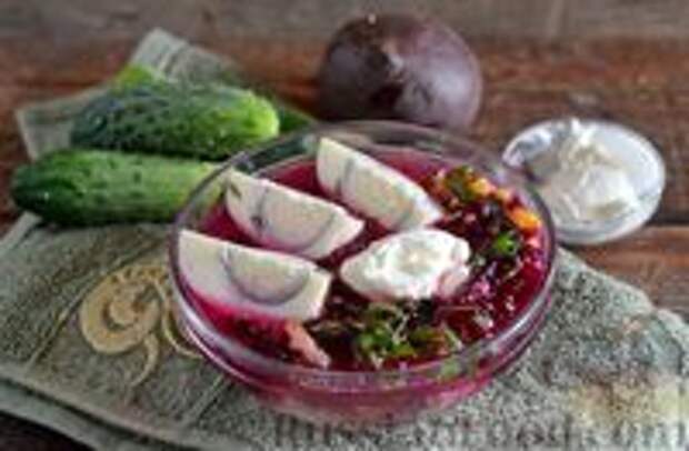 Фото к рецепту: Холодный свекольник с кукурузой и огурцом
