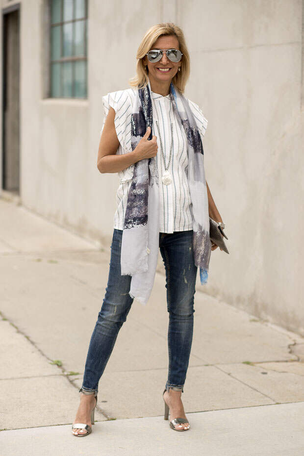 stripe sleeveless shirt with ruffle detail