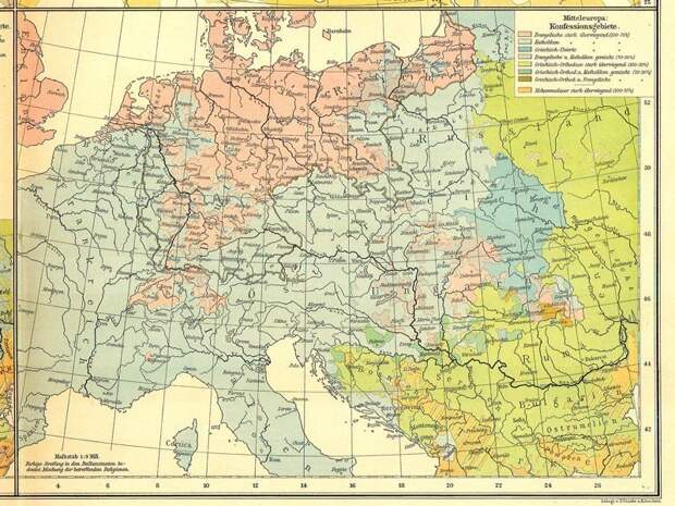 Карта распространения религий в Центральной Европе, 1899 г. карта, карты, распространение религий, религии, религиозные карты, религия