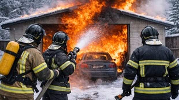 Пожар в гараже / Гараж / Пожар / Изображение сгенерировано ИИ ChatGPT / amic.ru