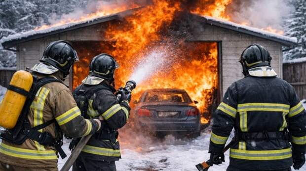 Пожар в гараже / Гараж / Пожар / Изображение сгенерировано ИИ ChatGPT / amic.ru