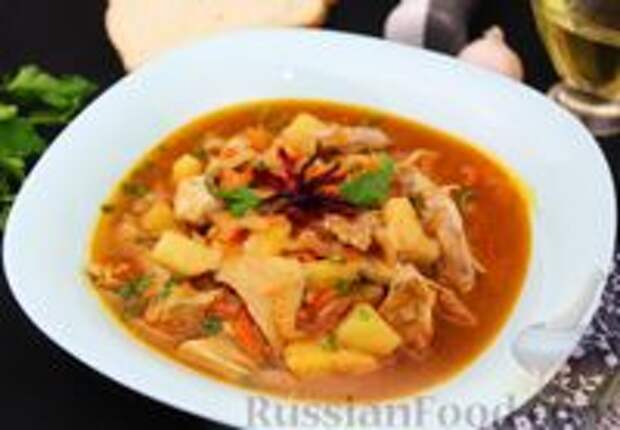 Фото к рецепту: Борщ с курицей и каркаде (без свёклы)