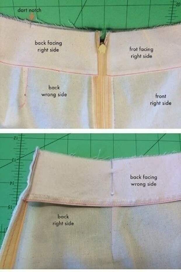 Обработка пояса юбки с потайной молнией 6