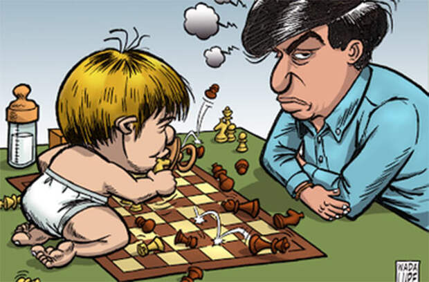 На карикатуре изображен Магнус Карлсен в виде малыша и Виши Ананд. Как видно, малыш крушит позиции пока еще чемпиона мира