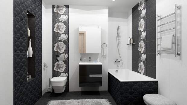Черный цвет красиво смотрится в ванных комнатах больших размеров. / Фото: vana-info.ru