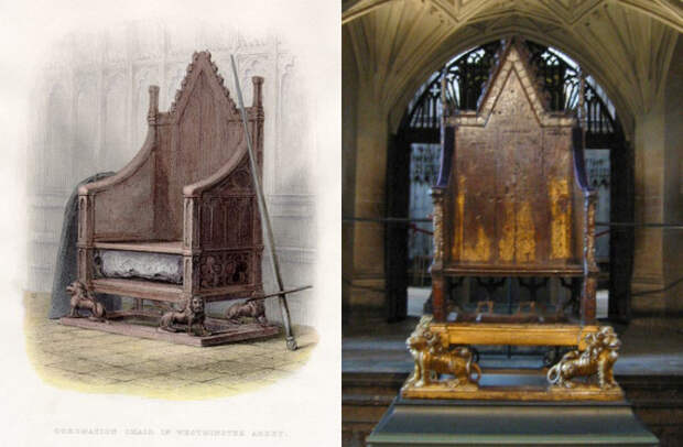Кресло короля Эдуарда в Вестминстерском аббатстве и его рисунок 1855 года. | Фото: en.wikipedia.org.