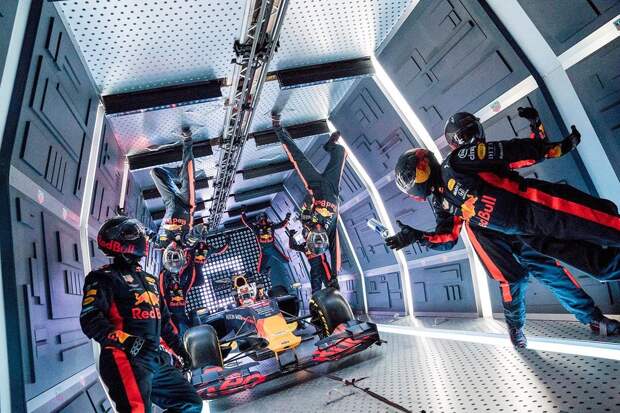 This was a pit stop definitely not for weak stomachs Aston Martin Red Bull Racing’s mechanics pictured performing the Zero-G pit stop aboard an aircraft in Russia.