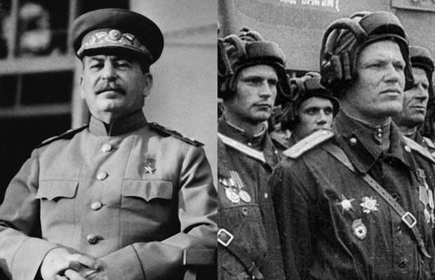 Слева: Иосиф Сталин на Тегеранской конференции, 1943 год. Справа: Офицеры-танкисты Красной армии на параде Победы, 24 июня 1945 года.