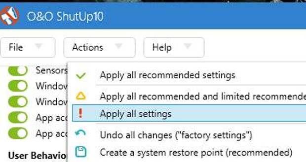 o&o shutup10 - применение всех настроек - как ускорить компьютер - скриншот 25