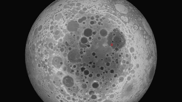 Вид на Южный полюс Луны. Красным кружком отмечен примерный район прилунения «Чанъэ-6». Собственная работа. 