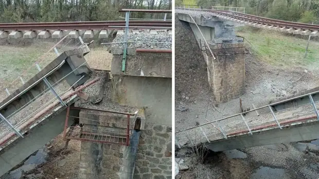 В Сети появились кадры с места обрушения ж/д моста в Курской области