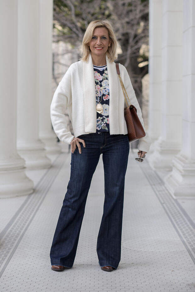 mixing ivory and navy with some bold color and patterns for todays fashion style feature outfit