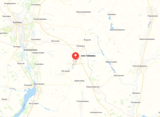Населенные пункты Табаевка, Песчаное, Кисловка, Берестовое и Купянск на карте