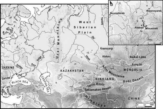 На врезке показаны (нумерация) расположения археологических участков, на которых брали костные материалы для определения ДНК. Видно, что это далекое Зауралье – несколько тысяч километров на восток от Урала, к северу от монгольской границы, в праалтайском регионе. (Из статьи 2009 г.).