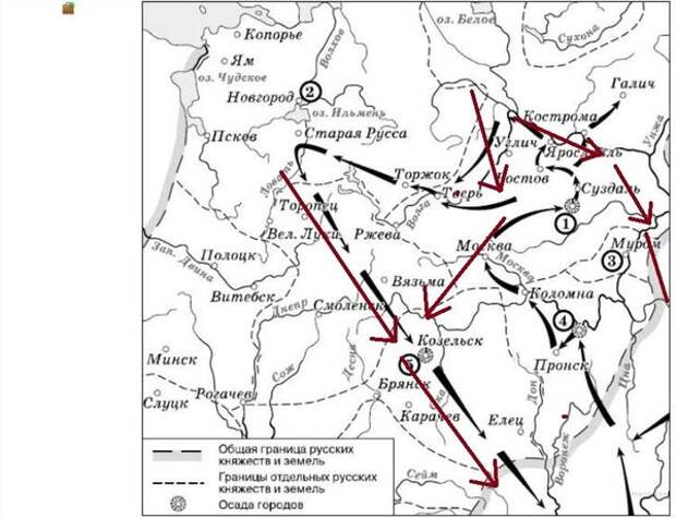 красным слева направо: корпус Батыя, корпус Бурундая, тумэны Мункэ и Байдара