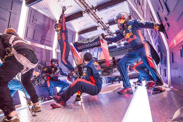 Filming the Zero-G pit stop Aston Martin Red Bull Racing’s mechanics pictured performing the Zero-G pit stop aboard an aircraft in Russia.