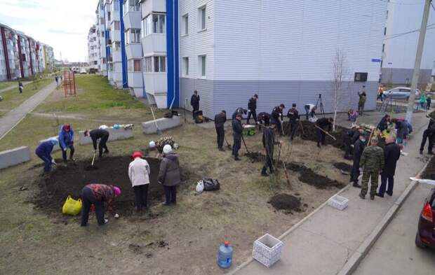 Сотрудники МВД, Росгвардии высадили деревья, кусты и цветы на улице Героя РФ Алексея Рыбака