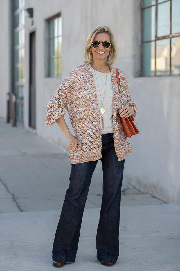 A spring look styled with a multi colored yarn womens cardigan and scarf