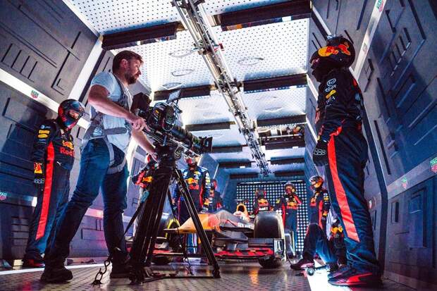 The whole team were working in cramped conditions Aston Martin Red Bull Racing’s mechanics pictured performing the Zero-G pitstop aboard an aircraft in Russia.