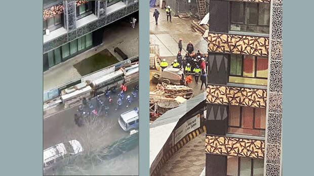 РАБОЧИЕ НА СТРОЙКЕ В СОСЕДНЕМ ЖК AFI TOWER НАЧАЛИ КРИЧАТЬ "АЛЛАХ АКБАР" И, КАК УТВЕРЖДАЮТ ЖИТЕЛИ, БЕГАТЬ ПО ДВОРУ ЖК С АРМАТУРОЙ. РАЗНИМАТЬ СТРОИТЕЛЕЙ ПРИЕХАЛА ПОЛИЦИЯ. СУДЯ ПО ВСЕМУ, САМЫЙ СИЛЬНЫЙ БОЕЦ ОЧЕНЬ ПОСТРАДАЛ - ЕГО ВЫНЕСЛИ НА НОСИЛКАХ. СКРИНШОТ: ТГ-КАНАЛ "ОСТОРОЖНО, МОСКВА".