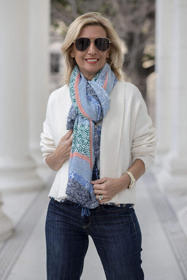 mixing ivory and navy with some bold color and patterns for todays fashion style feature outfit