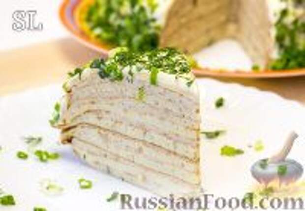 Фото к рецепту: Блинный торт с курицей и сливочным сыром