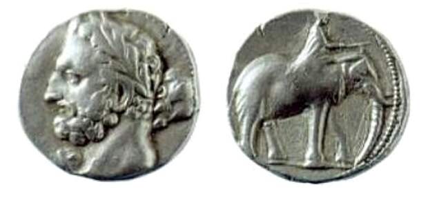 Карфагенская монета 237-227 гг. до н.э. Предположительно изображен Гамилькар Барка.