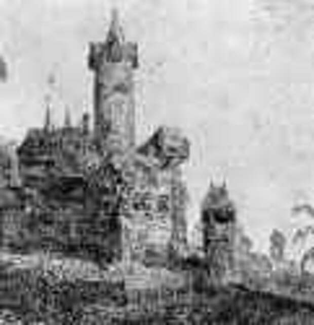 Замок с высокими башнями. 1621-1632 - Офорт, черный оттиск на грунтованной светло-серым бумаге, тени пролозжены серой тушью 98 x 132 мм Риксмузеум Амстердам