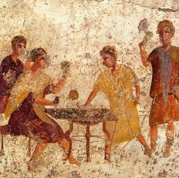 Игра в Табулу (древнеримские нарды) на деньги. Фреска из Помпей, I в. н.э.