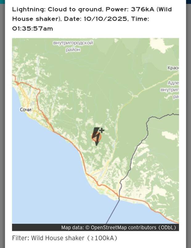 ⚡️ Рекордный разряд молнии зафиксирован над Адлером: сила тока 376 кА