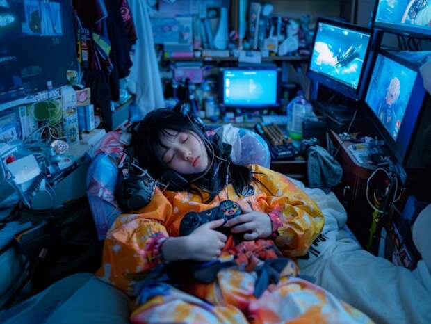 A pre-teen girl dozes while holding a video game controller, surrounded by bright screens.