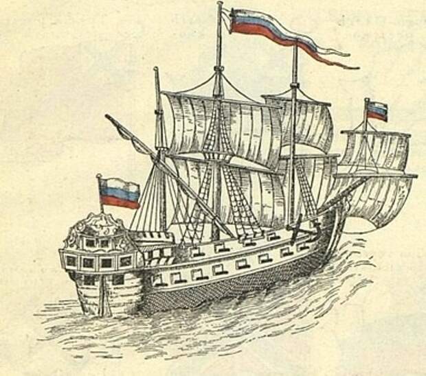 Русский корабль «Крепость» с флагом. <br>