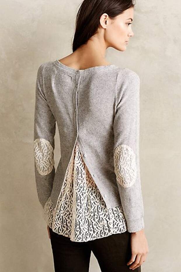This would be easy to refashion. Cardigan backwards (might have to alter the neckline a smidge), add lace inserts. Bonus for reclaimed lace curtains/tablecloth.