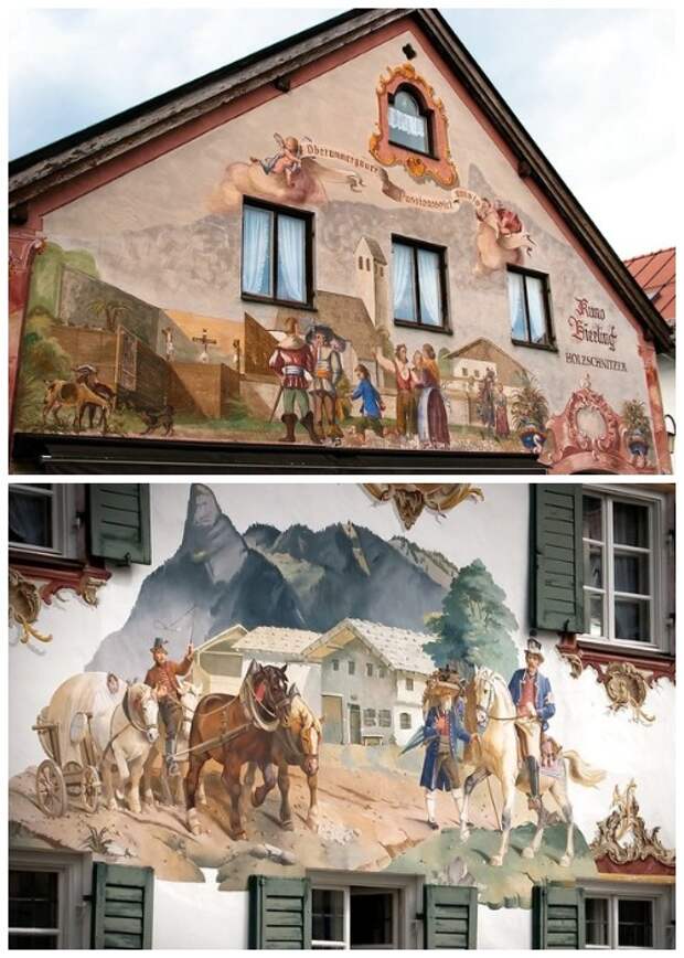На некоторых домах можно увидеть бытовые сцены из жизни баварцев тех времен (деревня Обераммергау, Германия).