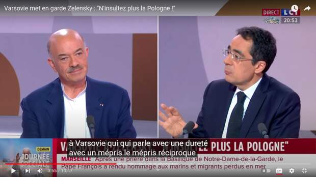 Дариус Рошбен (справа), Ален Бойер (слева) говорит о презрительных разговорах украинцев и поляков друг о друге.  Скриншот с сайта LCI в YouTube.