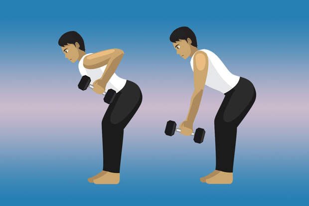 Упражнения на спину с гантелями — тяга к поясу в наклоне