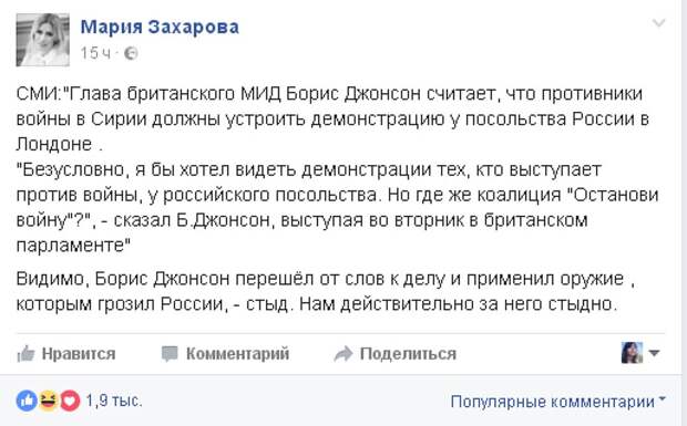 Мария Захарова ответила британскому политику в своей привычной ироничной манере Фото: www.facebook.com/maria.zakharova.167