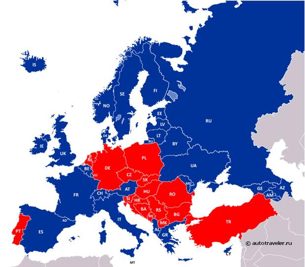 Карта использования шипованных шин в Европе
