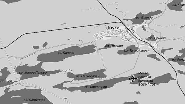 Карта-схема территории Лоухского района, где на озеро Корпиярви совершил посадку самолет...