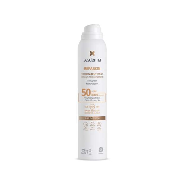 Спрей солнцезащитный прозрачный для тела Transparent Spray Body Sunscreen SPF 50, Repaskin, Sesderma, 4166 руб. (sesderma.ru)