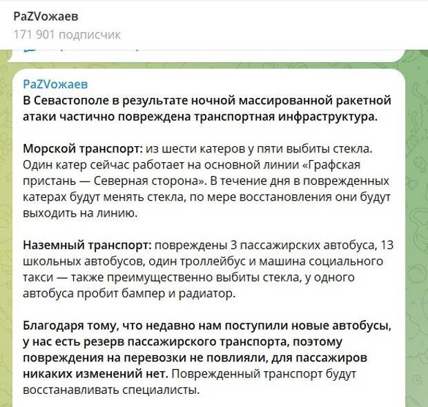 Скриншот телеграм-канала губернатора Севастополя М. Развожаева
