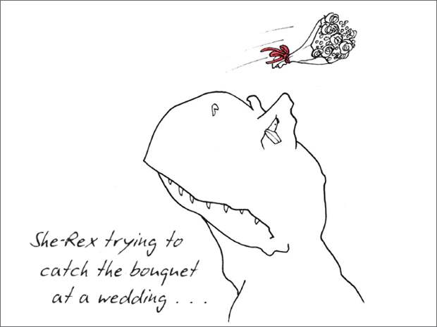7. «Ти-Рекс пытается поймать букет невесты…» динозавр, иллюстрация, рекс, рисунок, художник, юмор