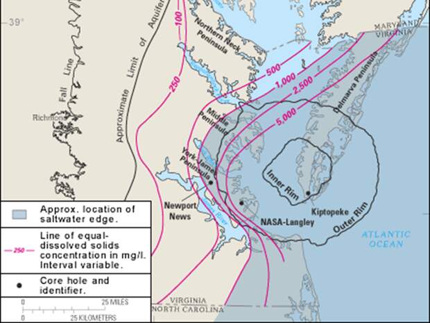 Границы кратера в Чесапикском заливе