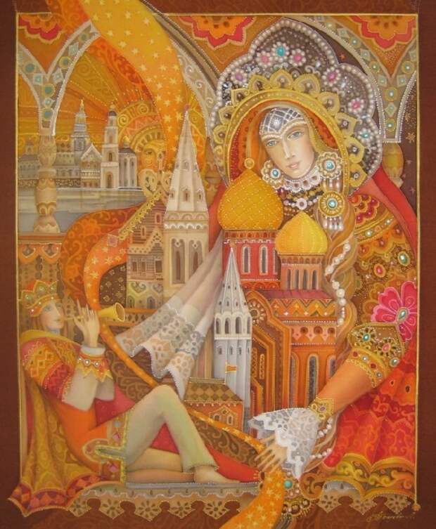 «Песня любимому городу». Роспись по шелку (батик). Автор: Любовь Тощева.